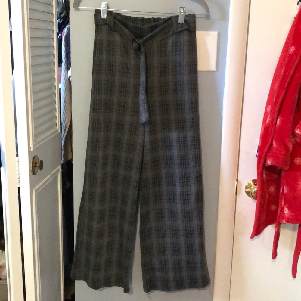 Black and Grey Plaid High Waisted Flowy Pants